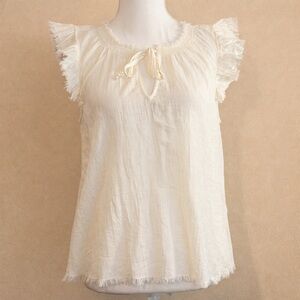 NWT Aerie Cream Boho Ruffle Sleeve Tie Neck Blouse Frayed Hem Size Medium